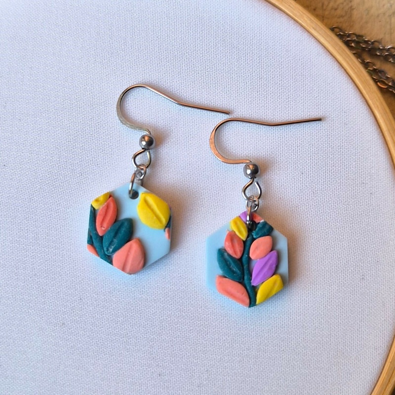Bright Leaf Hexagon Earrings