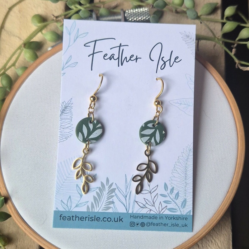 Green And White Leaf Print Circle And Leaf Charm Earrings