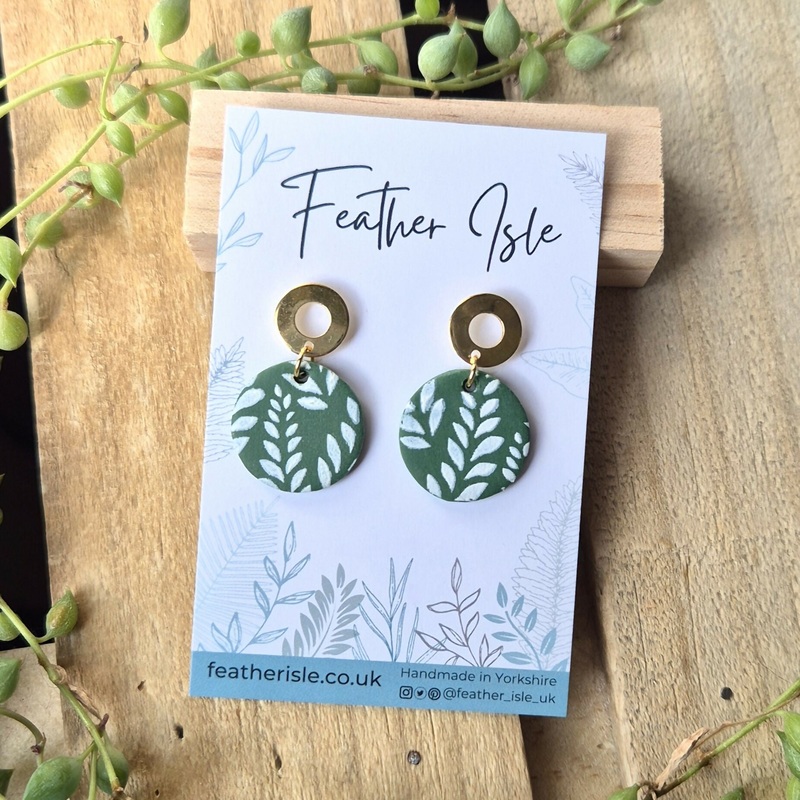 Green And White Leaf Print Circle Earrings