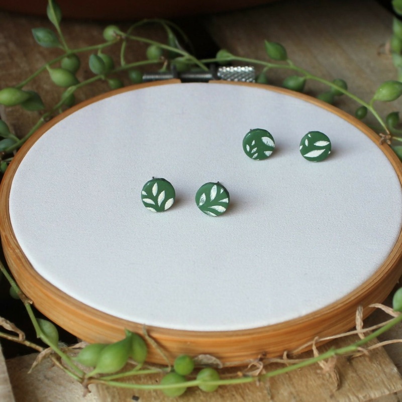 Green And White Leaf Print Stud Earrings
