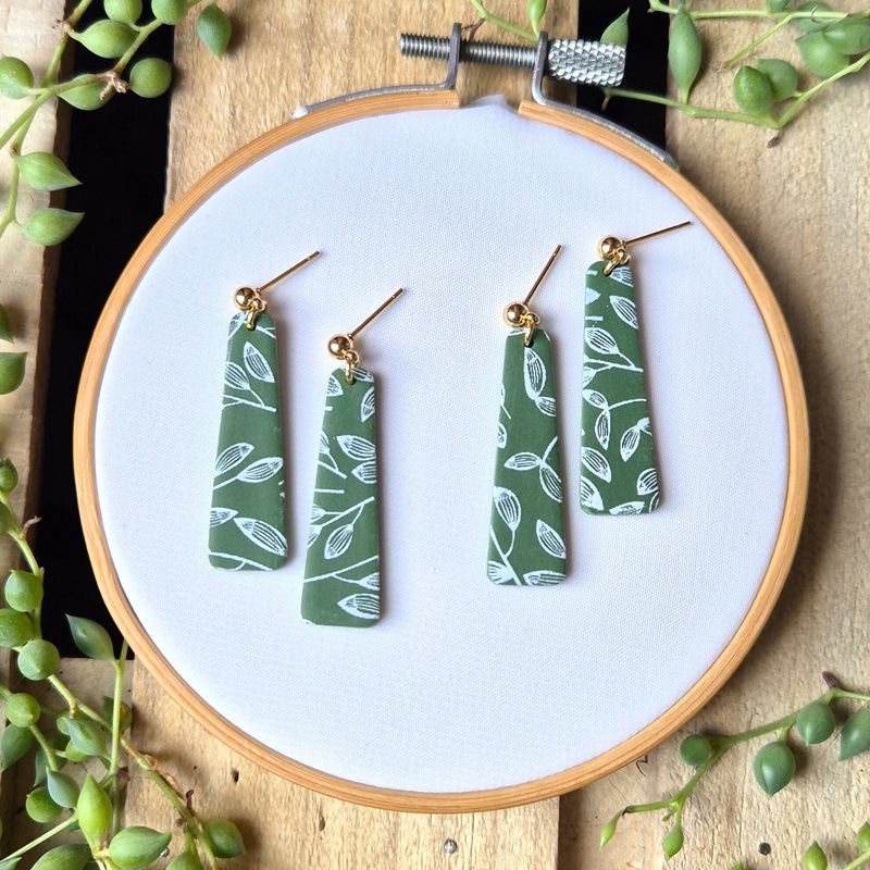 Green And White Leaf Print Trapezoid Earrings