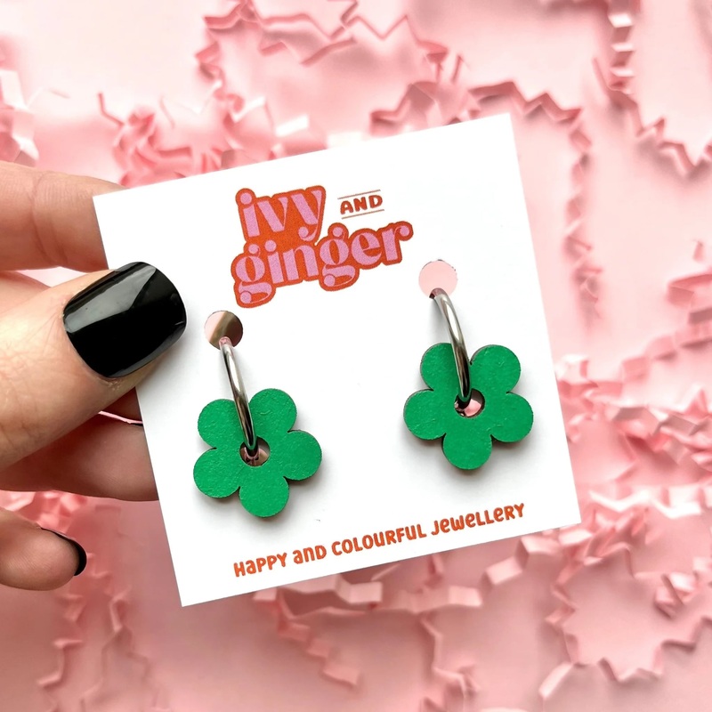 Green Flower Hoop Earrings