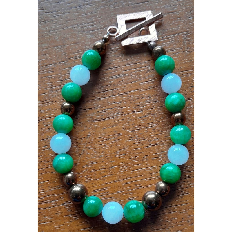 Hand Hammered Pure Copper Toggle Catch Bracelet with Copper Hematite, Green Chalcedony and Rose Quartz.