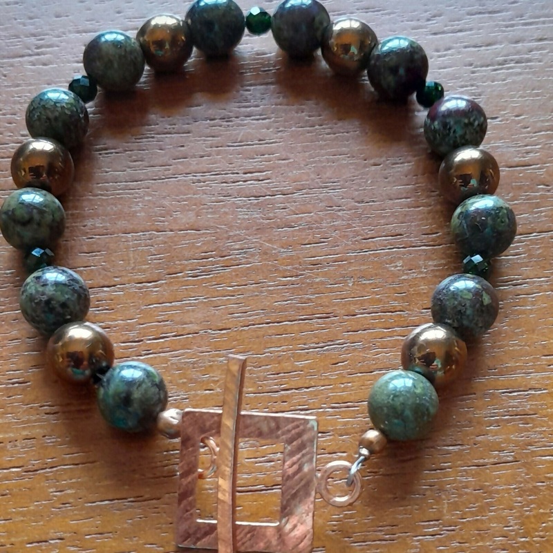 Hand Hammered Pure Copper Toggle Catch with Dragon’s Blood Agate and Copper Hematite.