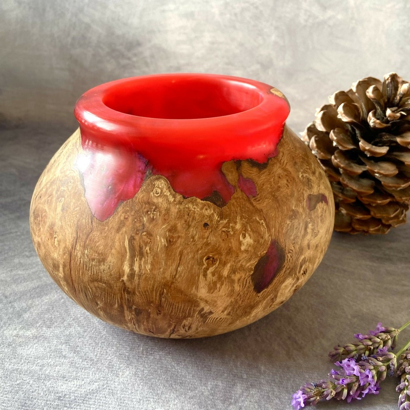 Hand Made Scarlet Red and English Burr Oak Hollow Form