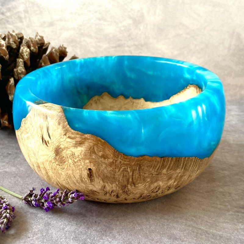 Hand Turned Turquoise Bowl with English Burr Oak
