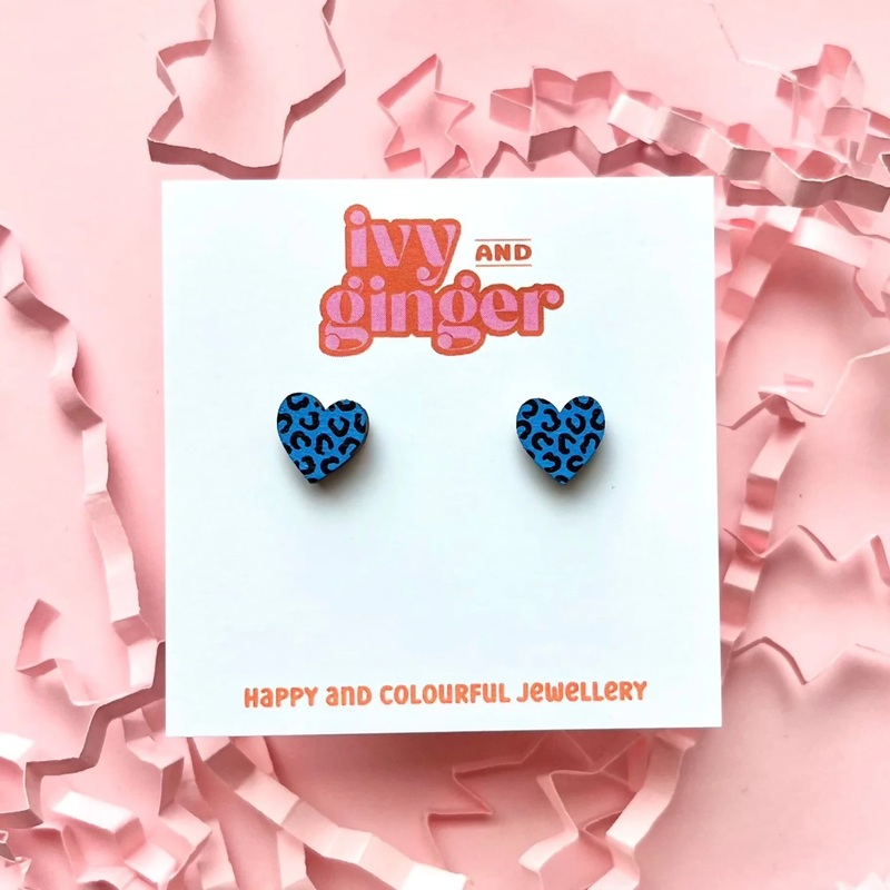 Mini Blue and Black Leopard Print Heart Studs