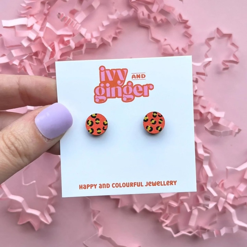 Mini Leopard Print Circle Stud Earrings Orange and Gold