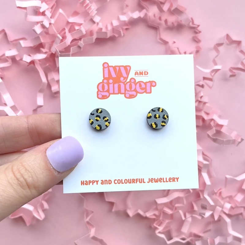 Mini Leopard Print Grey and Gold Circle Stud Earrings