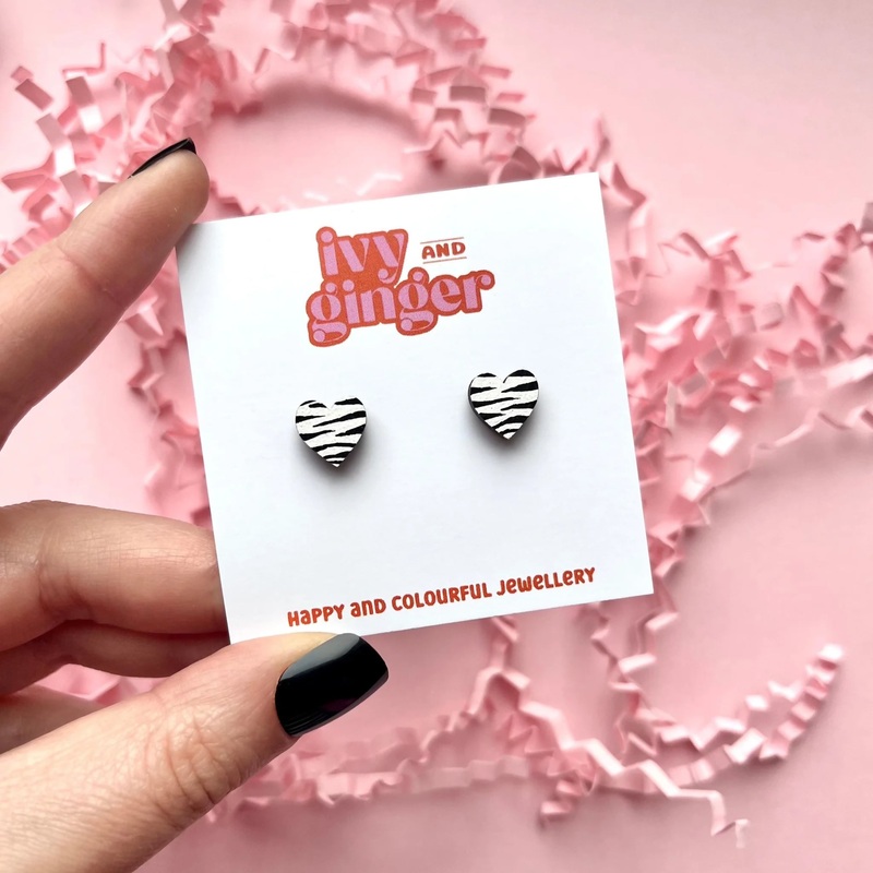 Mini Zebra Print Heart Stud Earrings