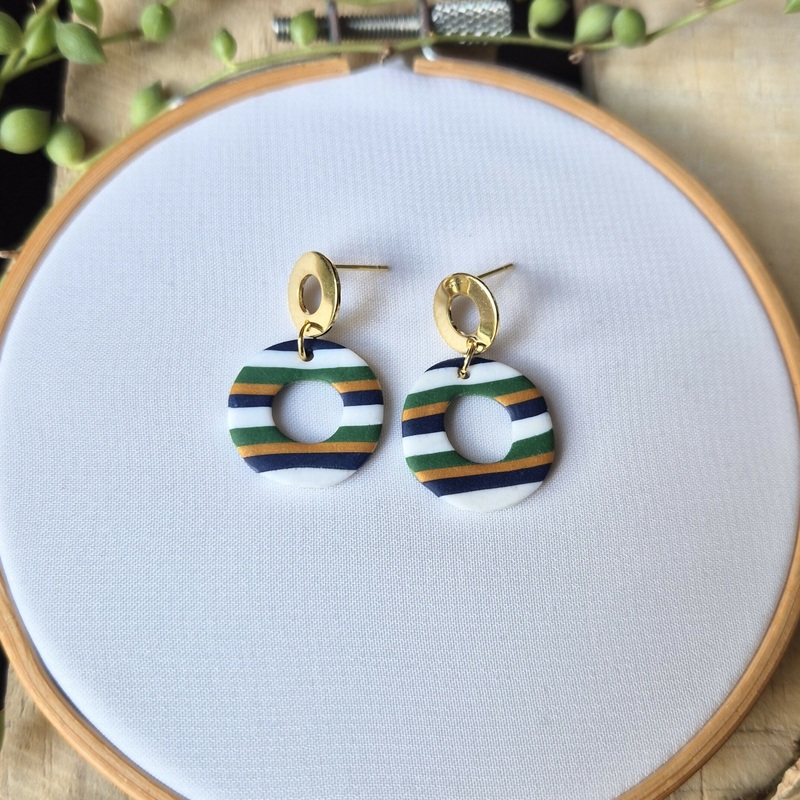 Navy, Green, Gold And White Stripe Circle Earrings
