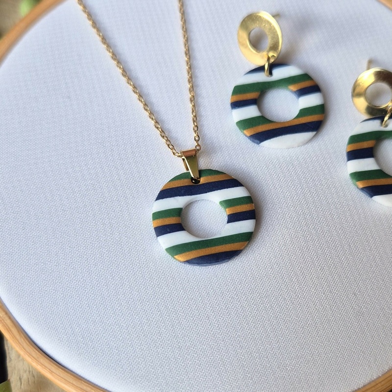 Navy, Green, Gold And White Stripe Circle Necklace
