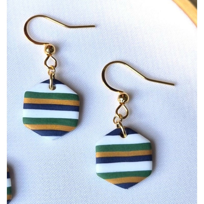 Navy, Green, Gold And White Stripe Hexagon Earrings