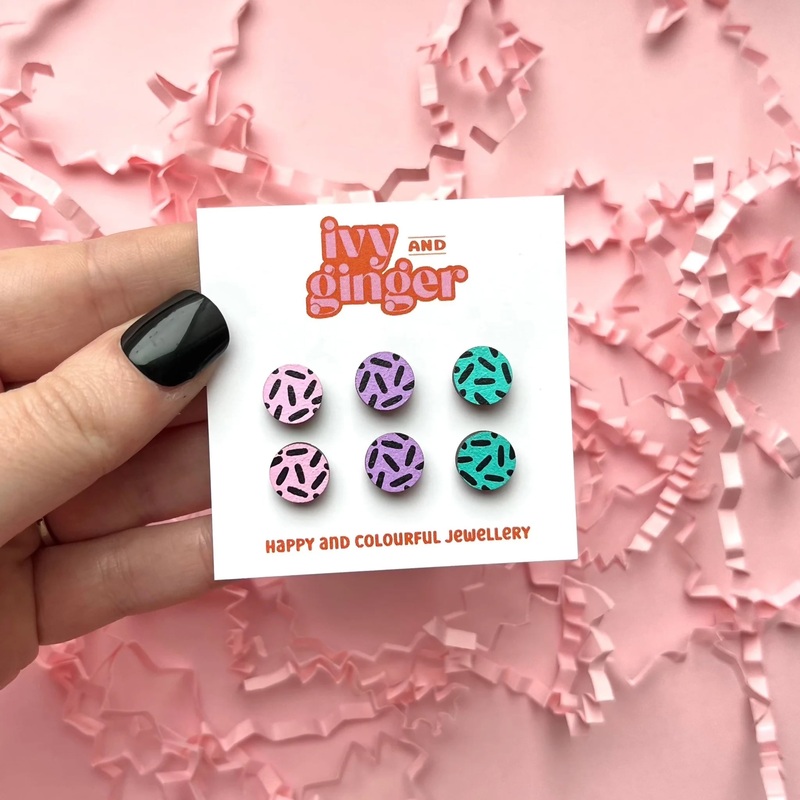 Pastel Dash Trio Mini Wooden Stud Earrings Set