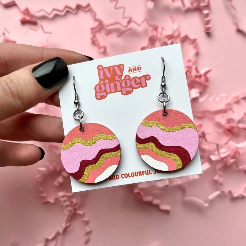 Pink and Gold Grill Print Dangle Earrings