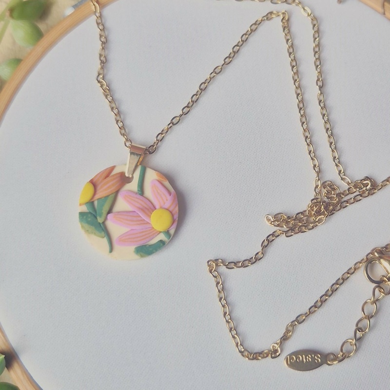 Pink And Orange Flower Circle Necklace