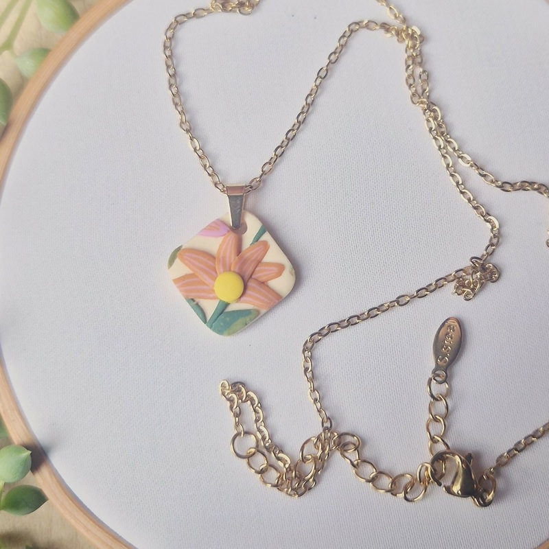 Pink And Orange Flower Square Necklace