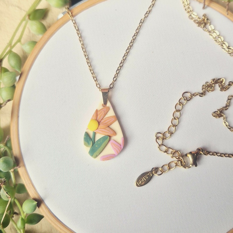 Pink And Orange Flower Teardrop Necklace