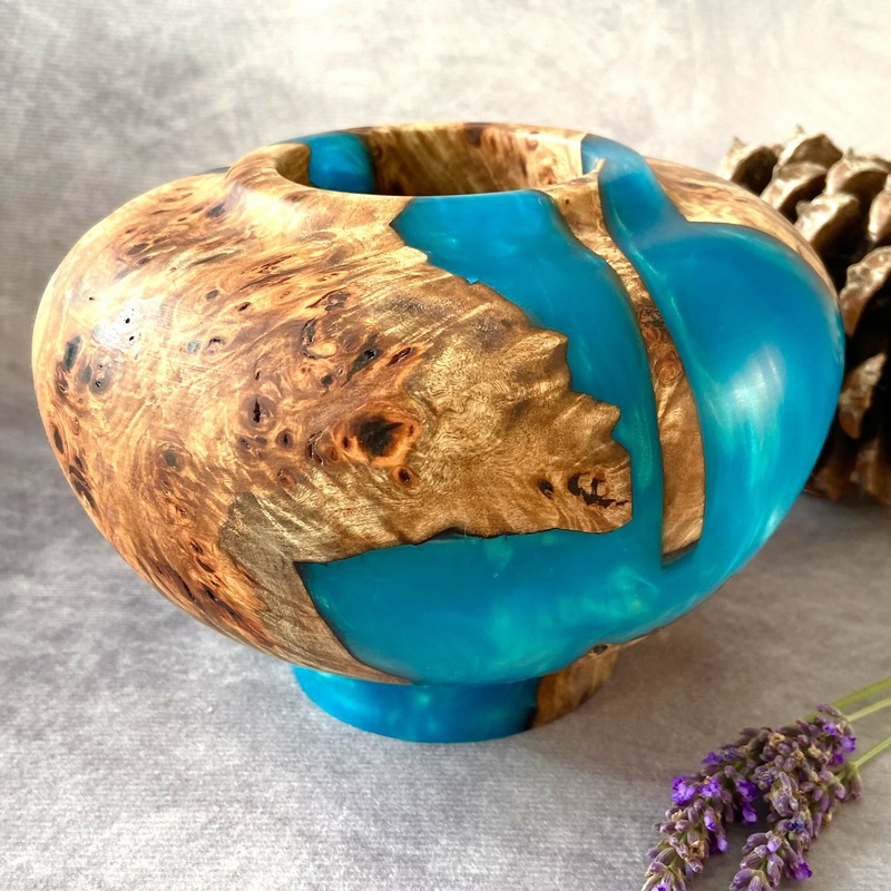 Sculptural Hand Turned Turquoise Hollow Form With Mappa Burr