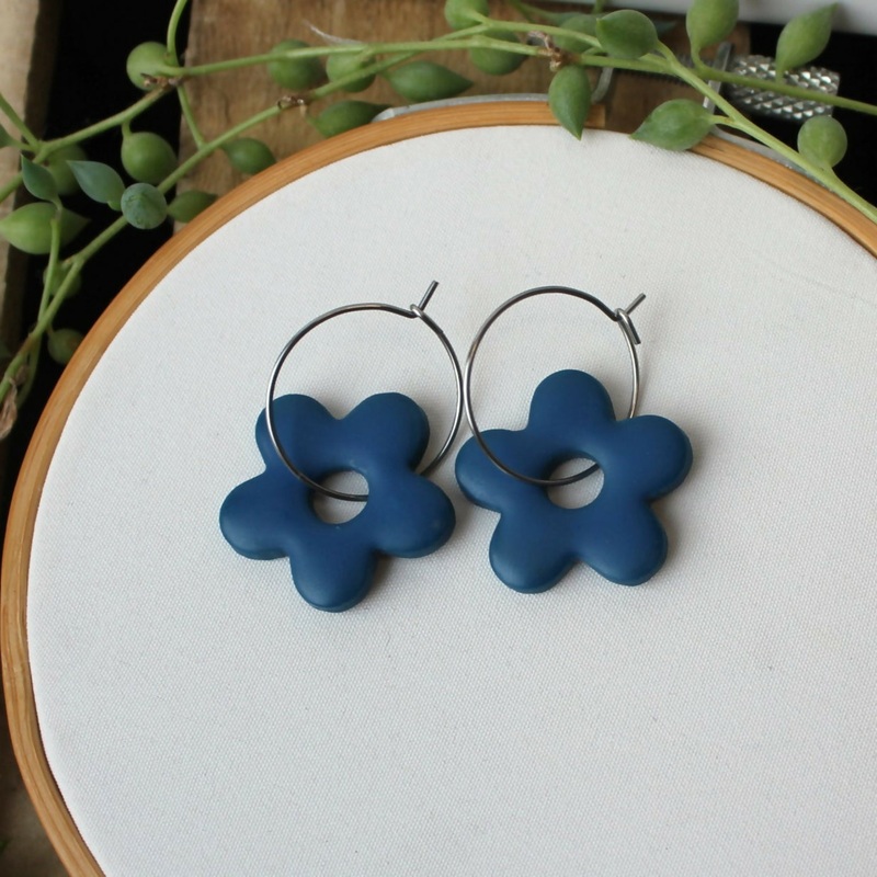 Simply Flowers Navy Hoop Earrings