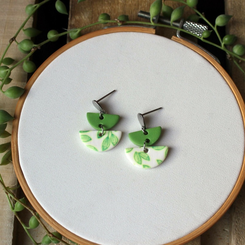 White And Green Leaf Print Earrings