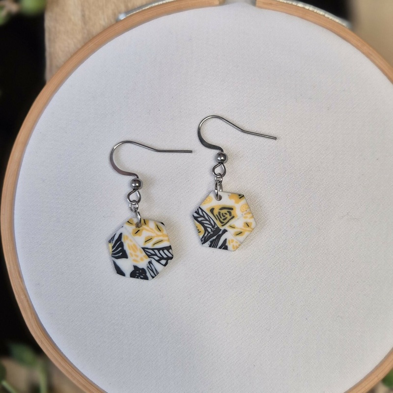 Yellow, Black And White Millefiori Hexagon Earrings
