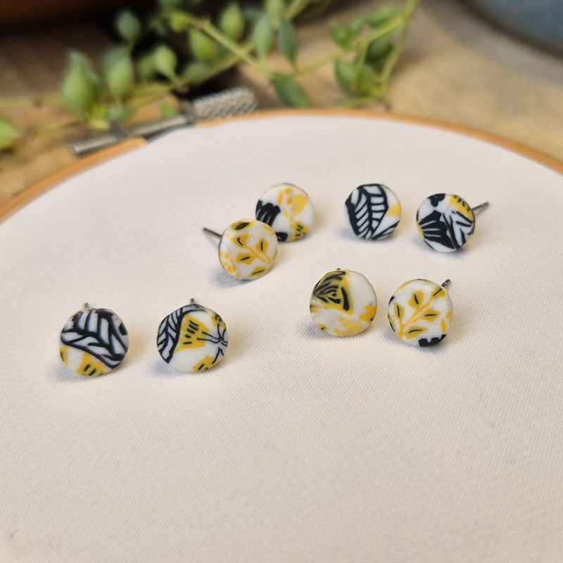 Yellow, Black And White Millefiori Stud Earrings