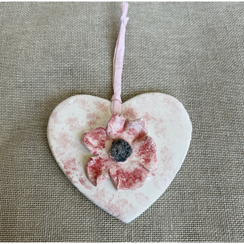 CERAMIC 3D HANGING HEART WITH FLOWER EMBELLISHMENT