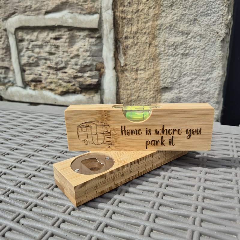 Engraved Bamboo Spirit Level  Ruler Base, Bottle Opener & Engraved Front  Unique Gift for DIY Lovers – Caravan