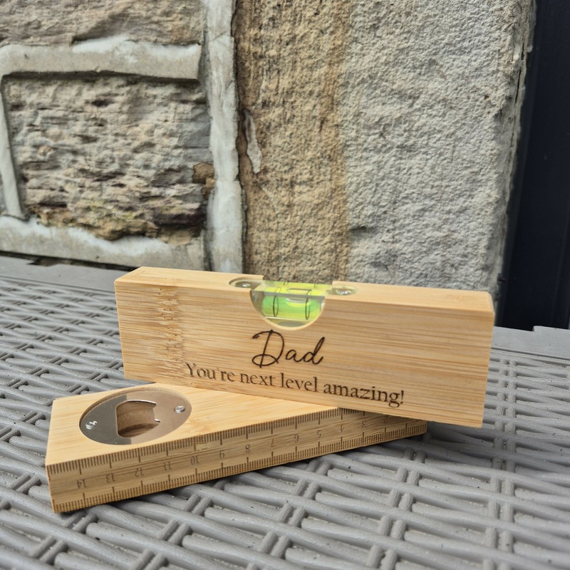 Engraved Bamboo Spirit Level  Ruler Base, Bottle Opener & Engraved Front  Unique Gift for DIY Lovers – Dad