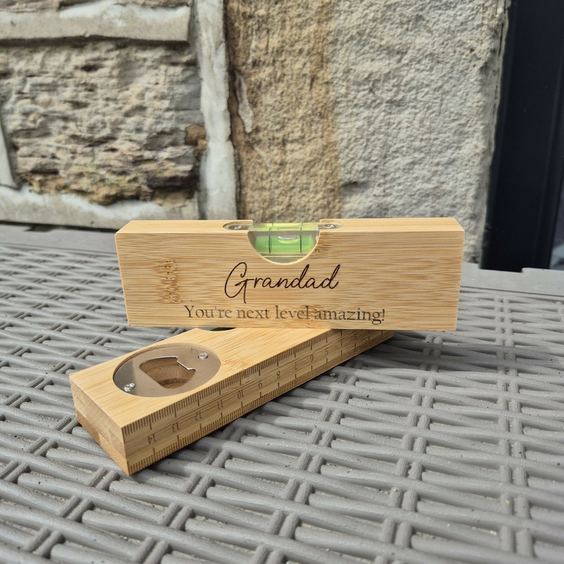 Engraved Bamboo Spirit Level  Ruler Base, Bottle Opener & Engraved Front  Unique Gift for DIY Lovers – Grandad