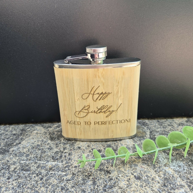 Engraved Bamboo & Stainless Steel Hip Flask  6oz Gift for Father’s Day, Birthday or Christmas – Happy Birthday