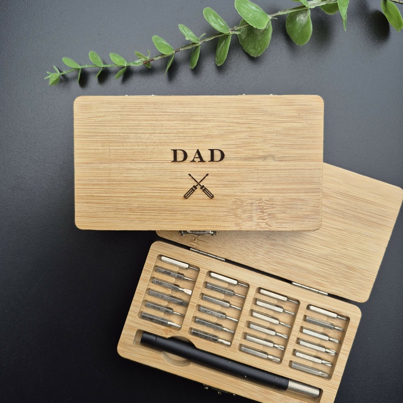 Engraved Bamboo Wood Tool Set  24-in-1 Precision Screwdriver Kit with Interchangeable Bits – Dad