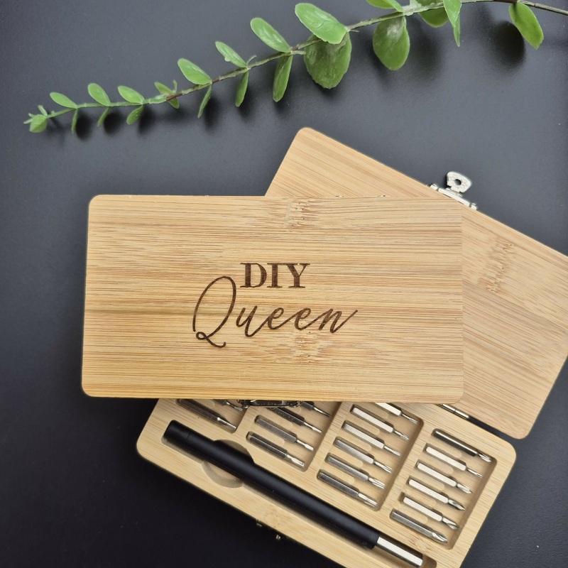 Engraved Bamboo Wood Tool Set  24-in-1 Precision Screwdriver Kit with Interchangeable Bits – DIY Queen