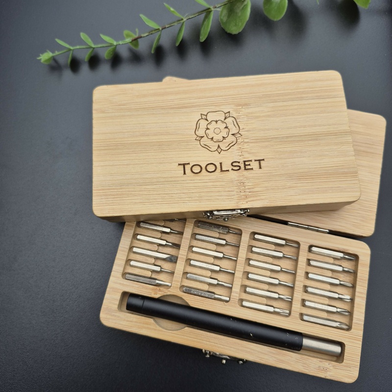 Engraved Bamboo Wood Tool Set  24-in-1 Precision Screwdriver Kit with Interchangeable Bits – Yorkshire