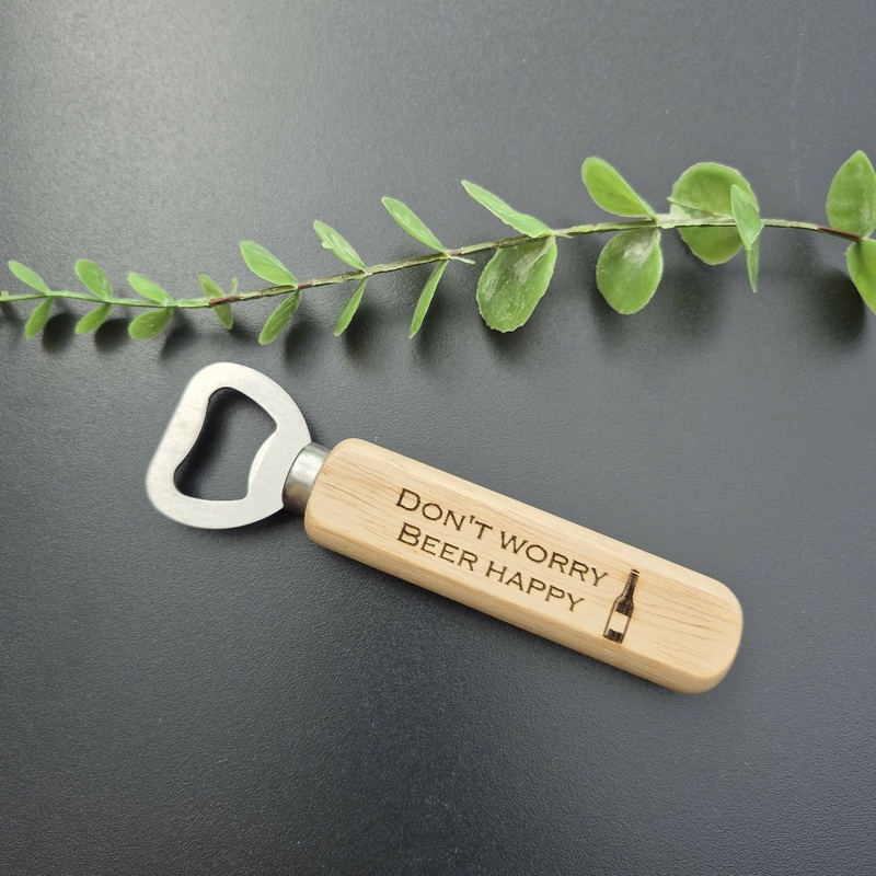 Engraved Wooden Bottle Opener  Rustic Bar Tool with Funny Sayings – Beer Happy