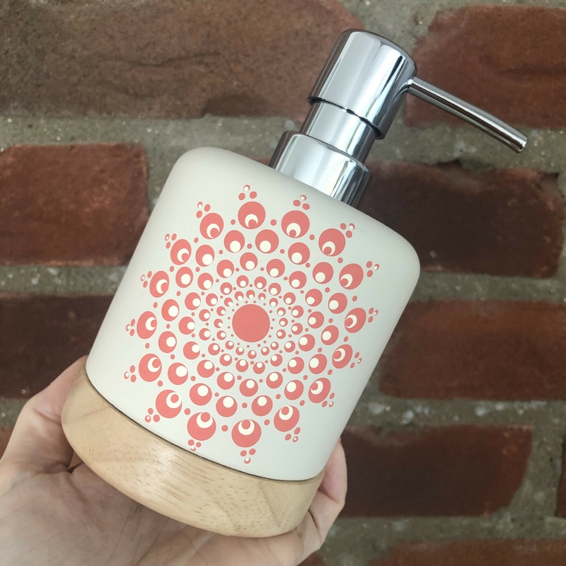 Hand Painted Dot Mandala Scandi Soap Dispenser: Coral Blush and White