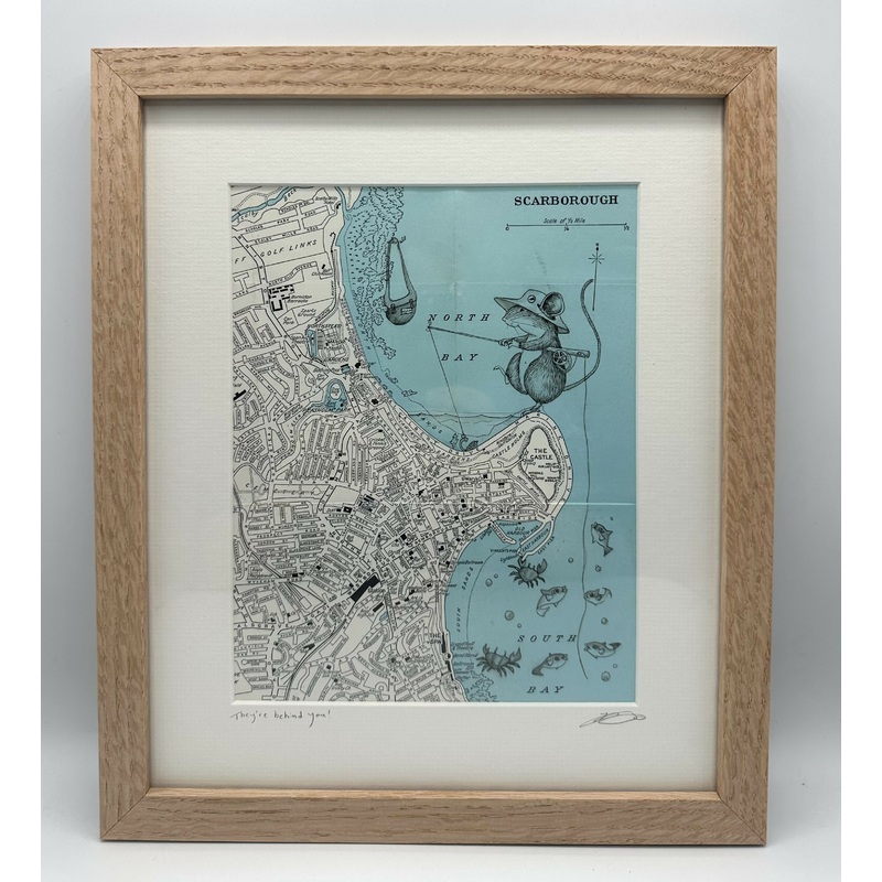 They’re Behind You! – Original Pen Drawing on Vintage Map (SCARBOROUGH) by Jenny Davies