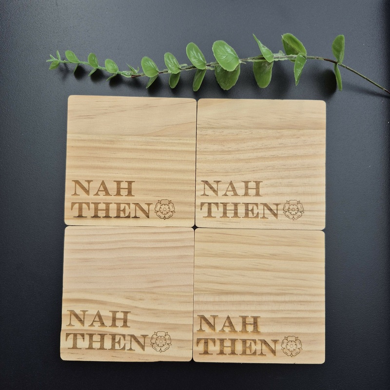 Wooden Yorkshire Rose Coaster with Yorkshire Sayings – Nah Then