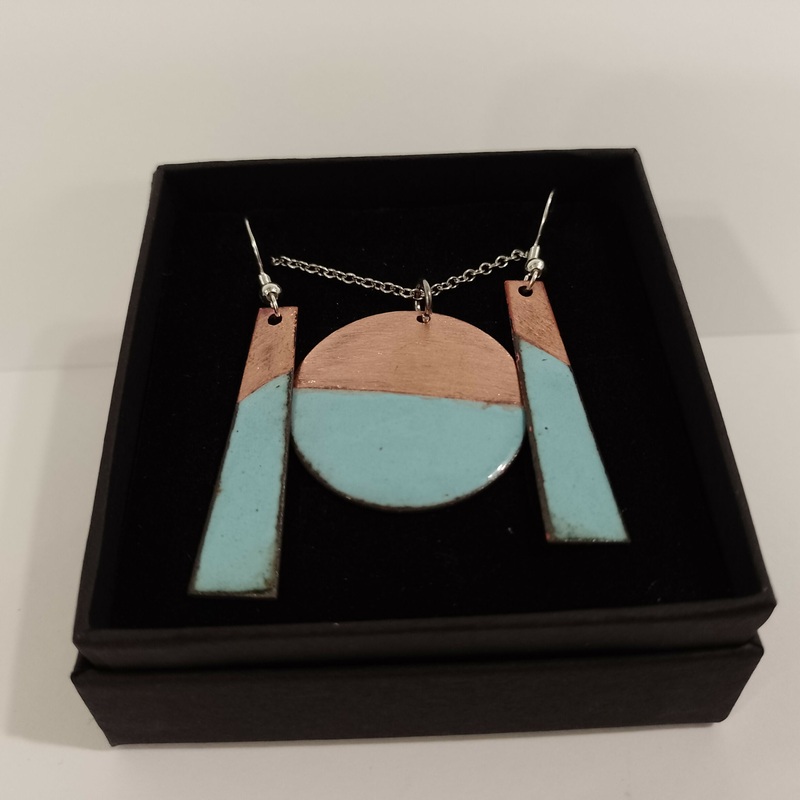 Blue and Copper Enamel Earring and Pendant Set