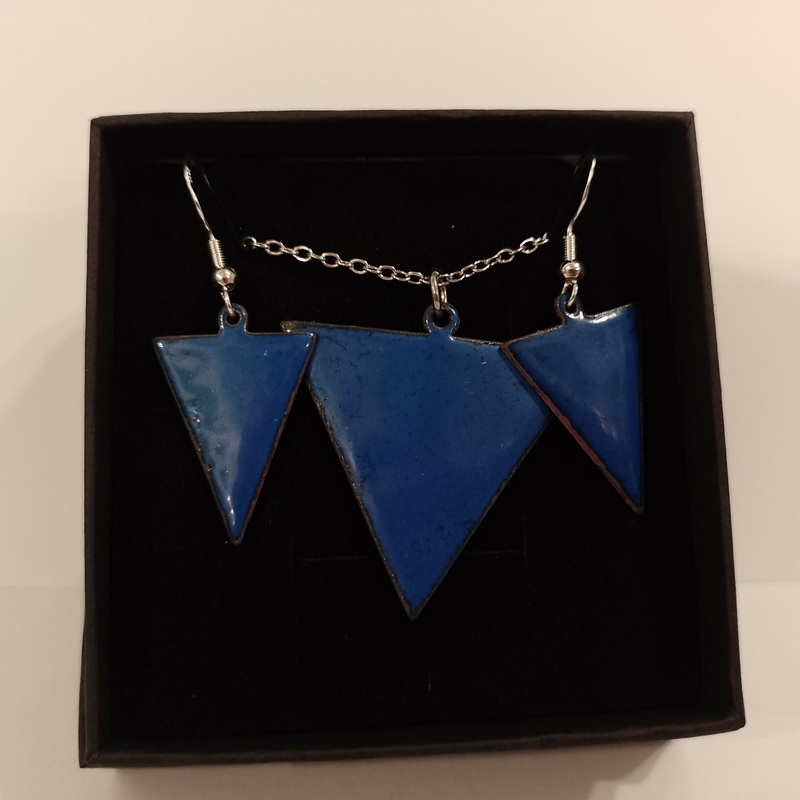 Blue Triangle Enamel Earring and Pendant Set