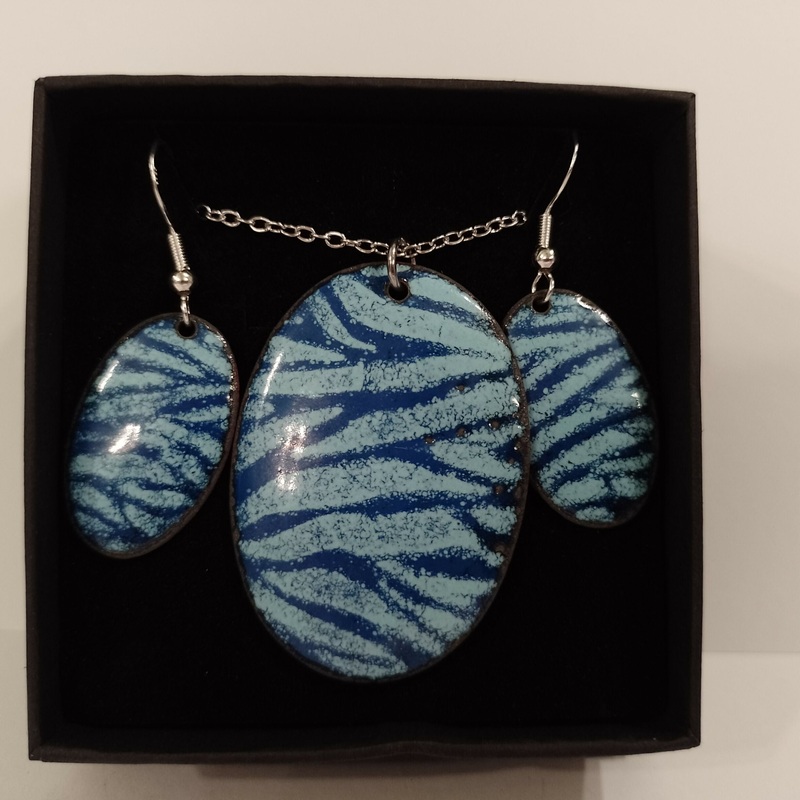 Blue Zebra Oval Enamel Earring and Pendant Set