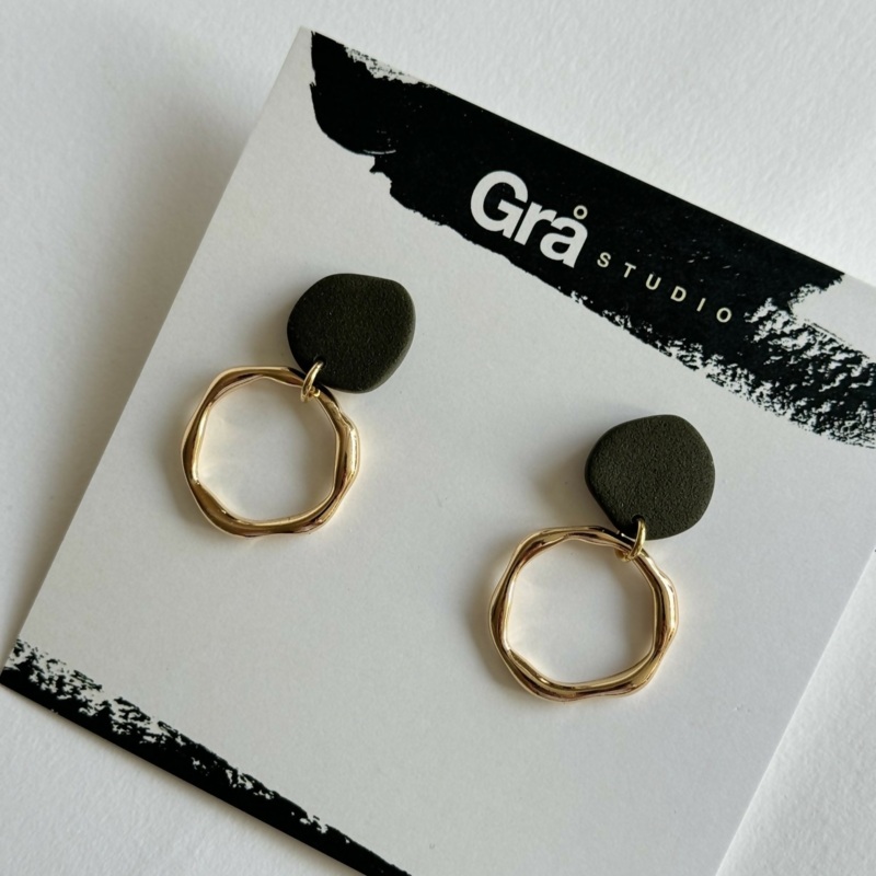 Dahlia / Statement Earrings with Gold Charm / Black