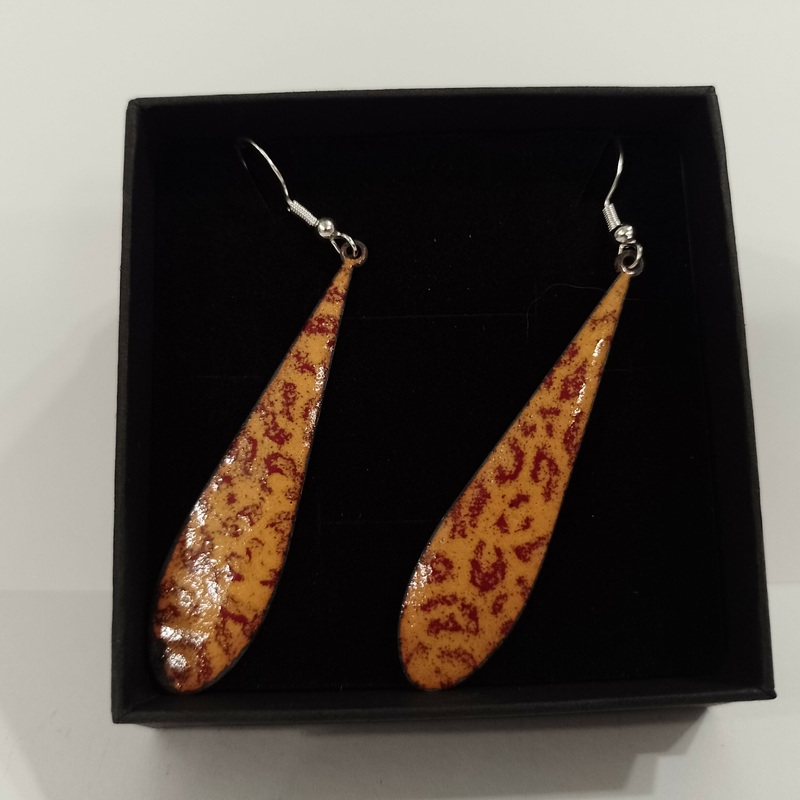 Elongated Teardrop Orange Enamel Earrings