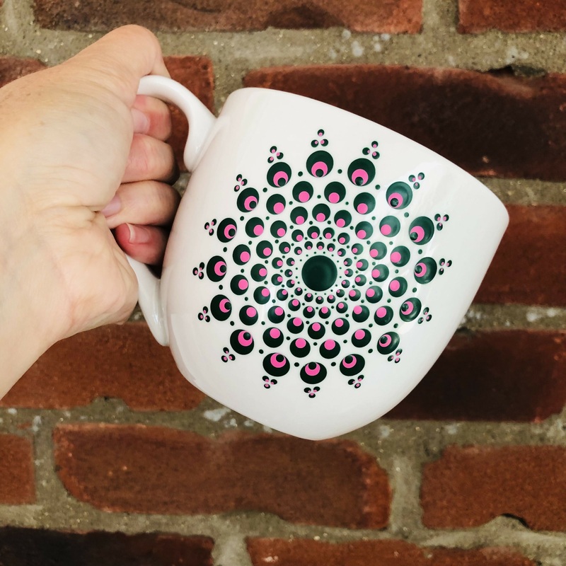 Hand Painted Dot Mandala Large Mug: Dark Green and Pink
