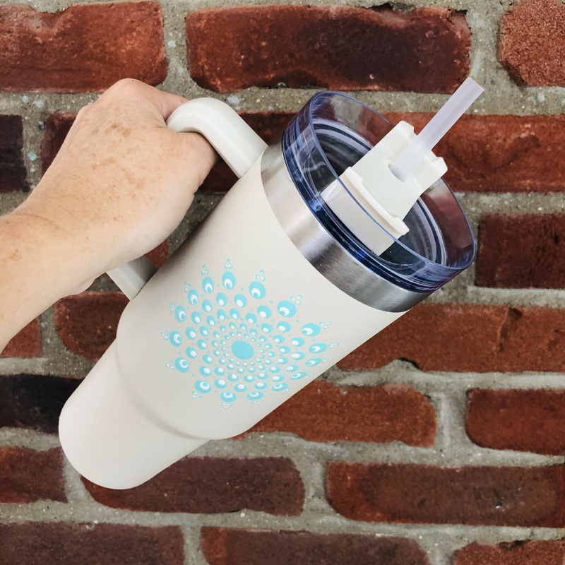 Hand Painted Dot Mandala Stanley-Style Cup With Straw: Cream with Mint and White