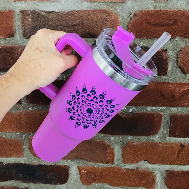 Hand Painted Dot Mandala Stanley-Style Cup With Straw: Hot Pink with navy and hot pink