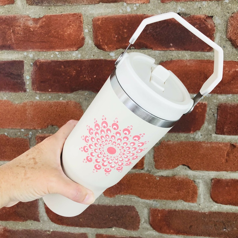 Hand Painted Dot Mandala Thermal Water Bottle with Handle: Cream with Coral Blush