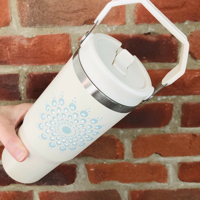 Hand Painted Dot Mandala Thermal Water Bottle with Handle: Cream with Eucalyptus