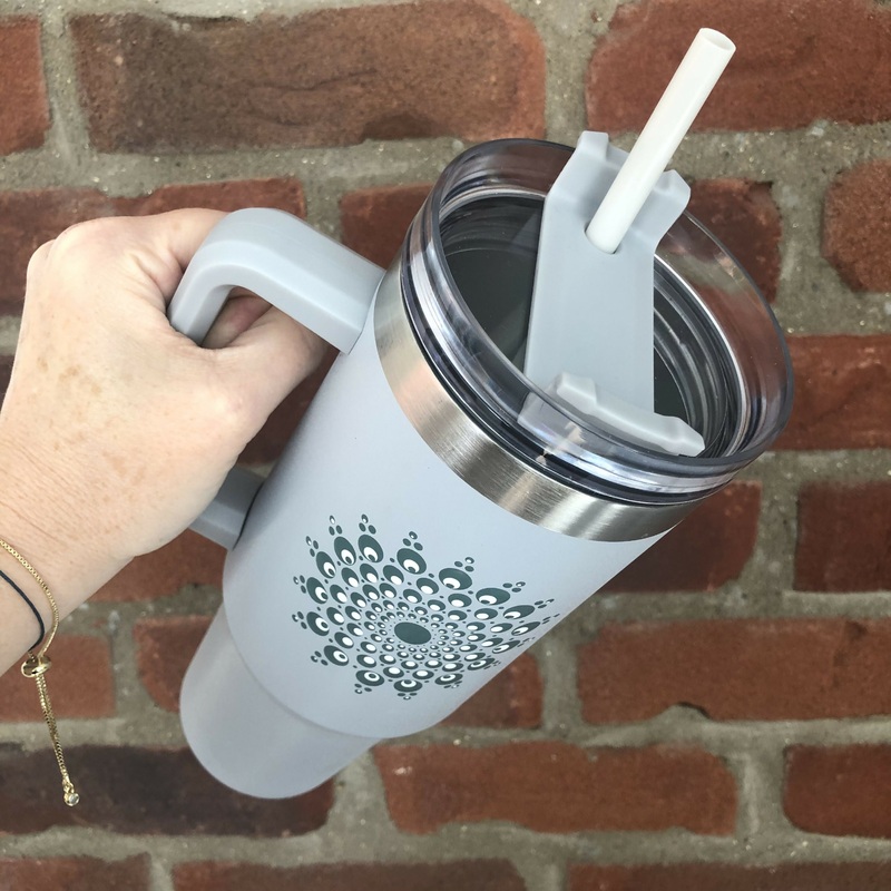 Hand Painted Dot Mandala Thermal Water Bottle with Straw: Grey with Thicket Green